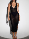 YAHUITE Black Sequin Midi Dress