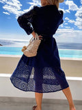 YAHUITE Casual Lace Crew Neck Belt Dress