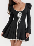 YAHUITE Black&Cream Pleated Mini Dress