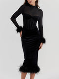 YAHUITE Black Velvet Midi Dress