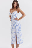 YAHUITE BLUE PRINT CORSET MIDI DRESS