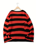 Benpaolv Plus Size Men's Fashion Striped Sweater Ripped Knit Sweater, Long-sleeved Pullover Spring/autumn Tops For Big & Tall Guys