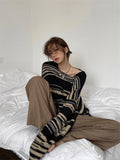 Yahuite LMQ NEW Women Punk Gothic Striped Long Sleeve Loose Patchwork Sweater Hip Hop Retro Oversize Pullover Casual Knitted Jumpers