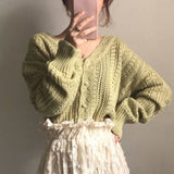 Cardigan Women Elegant Spring Hollow Out Chic Long Sleeve Loose V-Neck Feminine Tender Green White Street Outerwear Cozy New Ins