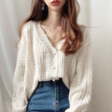 Cardigan Women Elegant Spring Hollow Out Chic Long Sleeve Loose V-Neck Feminine Tender Green White Street Outerwear Cozy New Ins