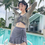 3 Piece Bikini Set Korean 2024 Cute Swimsuit Women Underwire Ruffle A-Line Skirt High Waist Bikini Cover Up See Through Bikinis