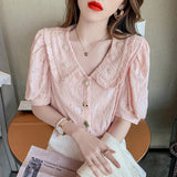 Christmas Gift Vintage Short Puff Sleeve Summer Blouses Blusas Korean Beading Peter Pan Collar Shirts Women Tops Loose Kawaii Clothing 15132