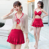 3 Piece Bikini Set Korean 2024 Cute Swimsuit Women Underwire Ruffle A-Line Skirt High Waist Bikini Cover Up See Through Bikinis