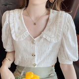 Christmas Gift Vintage Short Puff Sleeve Summer Blouses Blusas Korean Beading Peter Pan Collar Shirts Women Tops Loose Kawaii Clothing 15132