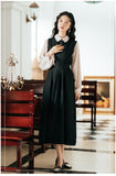 2 Piece Set Women Outfits Doll Collar Cute Bow Lantern Sleeve All-Match Top+Black Sleeveless Retro Pleated Fashion Dress OL Suit