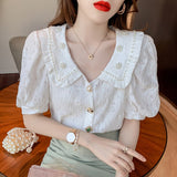 Christmas Gift Vintage Short Puff Sleeve Summer Blouses Blusas Korean Beading Peter Pan Collar Shirts Women Tops Loose Kawaii Clothing 15132