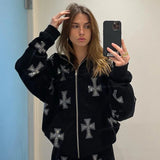 Yahuite Vintage rhinestone graphics Oversized Hoodies Female Zip Up Long Sleeve Women's Sweatshirt Y2K Aesthetic Winter Grunge clothing