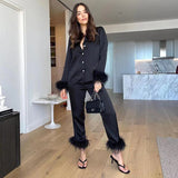 Casual Two Piece Pants Set For Women Black Fleece Fur Long Sleeve Top Shirt And Pantsuit Ladies Fashion Party Suit