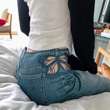 dream clothes Hollow Butterfly Jeans Embroidered Sexy Women's New Elegant High Waist Slimming Straight Pants Mop Pants Fashion