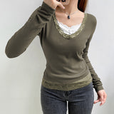 hoco outfits for guys Women's Spring New Gray Green V-neck Tight Waist Lace Knitted Top 