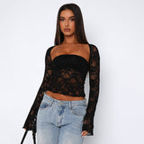 Yahuite frat outfits Women's Autumn New Pure Color Sexy Tube Top Lace Hollow out Two-Piece Top