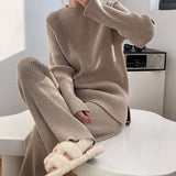 Yahuite business casual outfits for women Factory Autumn and Winter New Lazy Style Elegant Solid Color Simple Temperament Knitted Sweater Wide Leg Pants Two-Piece Set