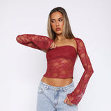 frat outfits Women's Autumn New Pure Color Sexy Tube Top Lace Hollow out Two-Piece Top