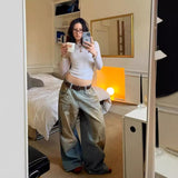 Yahuite 90s streetwear New Retro Dirty Dyed Blue Wide Leg Straight Pants Faded Distressed Casual Mopping Low Waist Jeans for Women