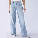 jeans New American-Style Embroidered Side Frayed Butterfly Jeans Women's High Street Design Hot Girl Loose Straight Pants