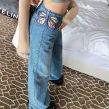 dream clothes Hollow Butterfly Jeans Embroidered Sexy Women's New Elegant High Waist Slimming Straight Pants Mop Pants Fashion