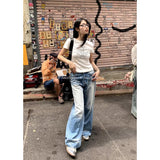 Yahuite Label Fang light blue jeans women's summer thin high waist gradient color distressed mopping wide leg overalls