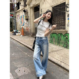 Label Fang light blue jeans women's summer thin high waist gradient color distressed mopping wide leg overalls...