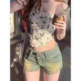 American retro rivet denim shorts for women summer hot girls low waist tight slim wide leg hip hot pants