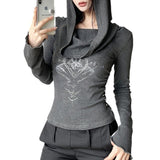 grunge outfits Waste Soil Feeling Various Ways to Wear off-Shoulder Long Sleeve Hooded Knitted Top American Street Stitching Slim Fit Slimming T-shirt