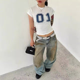 90s streetwear New Retro Dirty Dyed Blue Wide Leg Straight Pants Faded Distressed Casual Mopping Low Waist Jeans for Women 