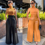 black fashion urban Women's Fashion High Waist Pants Ins Style PU Leather Pants Nightclub Metal Belt Wide Leg Pants