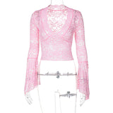 frat outfits INS Style Hot Selling Sexy Deep V Slim Fit All-Match Short Navel Lace Long Sleeve Hot Girl Style Lace Top