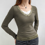 hoco outfits for guys Women's Spring New Gray Green V-neck Tight Waist Lace Knitted Top 