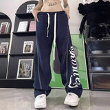 y2k Hip Hop Style American Retro Design Versatile Wide-Leg Pants Men's and Women's Street Letter Printed Drawstring Straight Pants