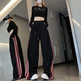 Yahuite concert outfit Korean Style Loose All-Match Striped Trendy Cool Sports Pants Women's Summer 2024 American High Street Straight Wide-Leg Casual Pants