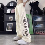 y2k Hip Hop Style American Retro Design Versatile Wide-Leg Pants Men's and Women's Street Letter Printed Drawstring Straight Pants