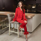 Casual Two Piece Pants Set For Women Black Fleece Fur Long Sleeve Top Shirt And Pantsuit Ladies Fashion Party Suit