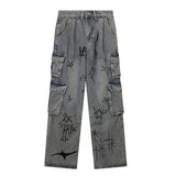 y2k Street Fun Graffiti Multi-Pocket Workwear Jeans Women's Spring High Waist Loose Slimming Wide Leg Mopping Pants