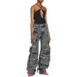 Yahuite 90s streetwear Street Hipster New Fashion Smoky Gray Stitching Multi-Pocket Overalls Street Washed Distressed Long Wide-Leg Pants