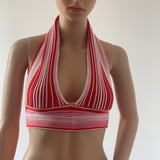 Backless Women Tops Backless Striped Halter Strap Sexy Mesh Vest