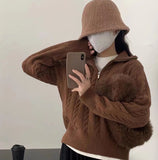 frat boy outfits Lapel Twist Zipper Knitted Pullover Women's Autumn and Winter New Long Sleeve Solid Color Elegant Loose Top Women's Fashion