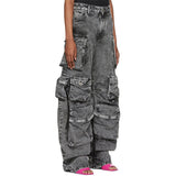 90s streetwear Street Hipster New Fashion Smoky Gray Stitching Multi-Pocket Overalls Street Washed Distressed Long Wide-Leg Pants