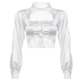 Yahuite gothic dti New Fake Two-Piece Chest Hollow Shirt Women's Slim-Fit Short Puff Sleeve Temperament Top