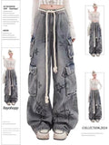 y2k Street Fun Graffiti Multi-Pocket Workwear Jeans Women's Spring High Waist Loose Slimming Wide Leg Mopping Pants