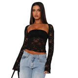 frat outfits Women's Autumn New Pure Color Sexy Tube Top Lace Hollow out Two-Piece Top