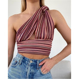 Backless Women Tops Backless Striped Halter Strap Sexy Mesh Vest