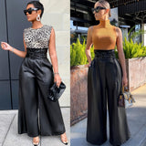 black fashion urban Women's Fashion High Waist Pants Ins Style PU Leather Pants Nightclub Metal Belt Wide Leg Pants