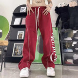 y2k Hip Hop Style American Retro Design Versatile Wide-Leg Pants Men's and Women's Street Letter Printed Drawstring Straight Pants