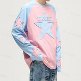 90s streetwear Women's Men's and Women's Star Patch Embroidered Long-Sleeved Men's T-shirt Top Letters Trendy Spring and Summer