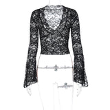 frat outfits INS Style Hot Selling Sexy Deep V Slim Fit All-Match Short Navel Lace Long Sleeve Hot Girl Style Lace Top